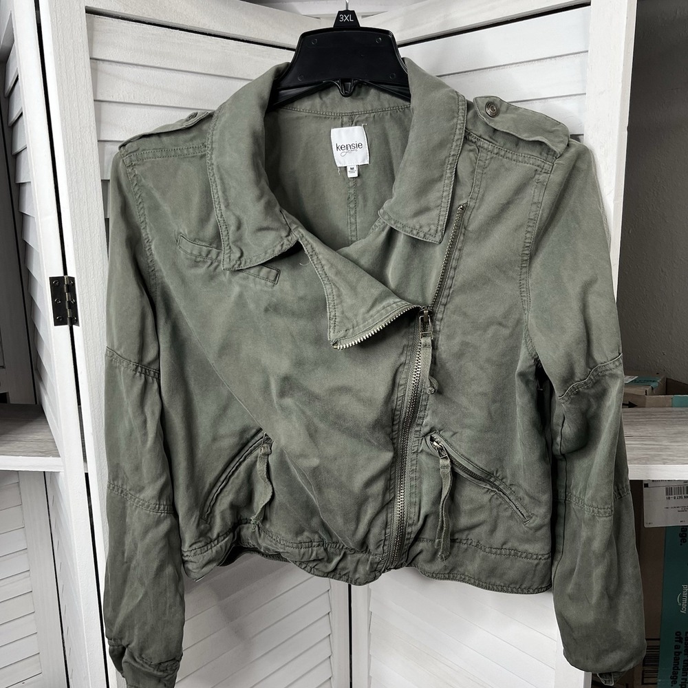 Kensie Jeans Army Green Moto Utility Style Short Jacket Asymmetrical Zip Sz Med